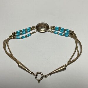 Vintage Sterling Silver Rising Sun Bracelet with Turquoise Beads. 7.25” long